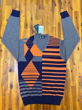 Monte Carlo Mens Knit V-Neck Sweater Sz M Orange Blue Striped Diamond Pullover